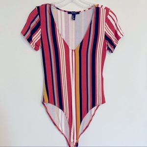 💛 Striped multicolor bodysuit - salmon, brown, yellow, white with v neck
